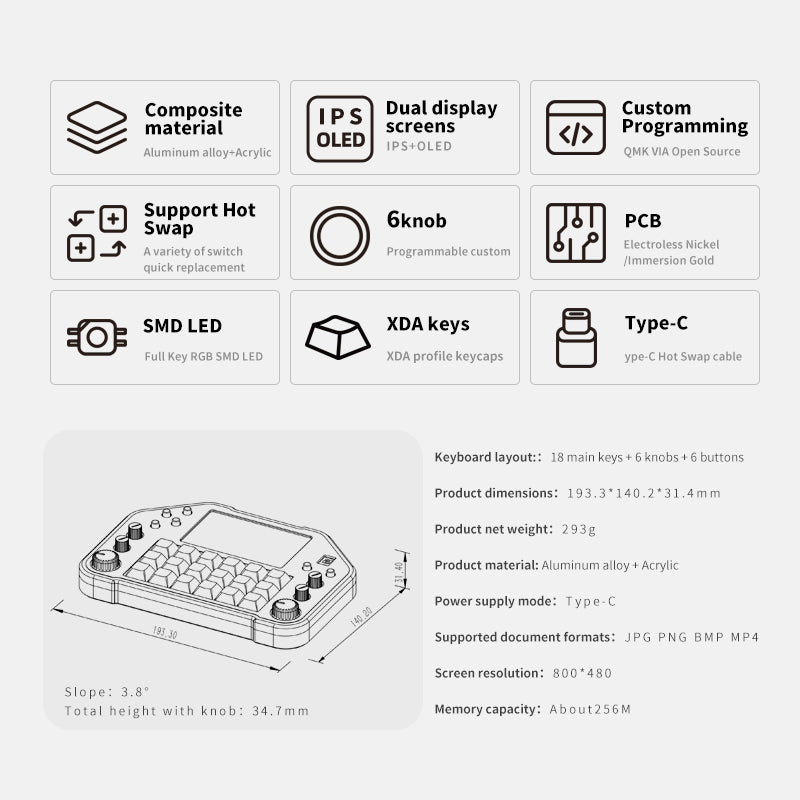DOIO KB18-01 Dual Screen Macro Keyboard Hot-swappable Macro Pad - keycapcovers